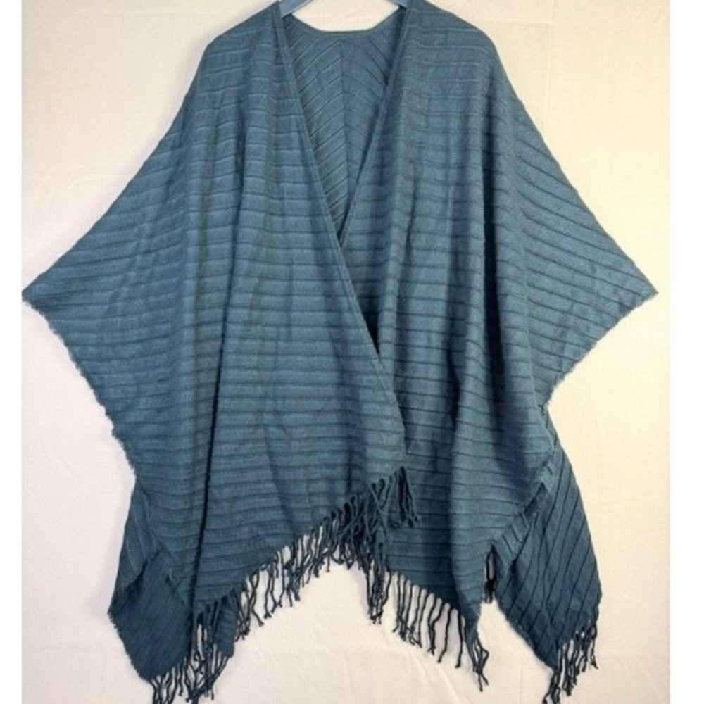 Women's Black Ribbed Knit Poncho Wrap Shawl Fringe One Size